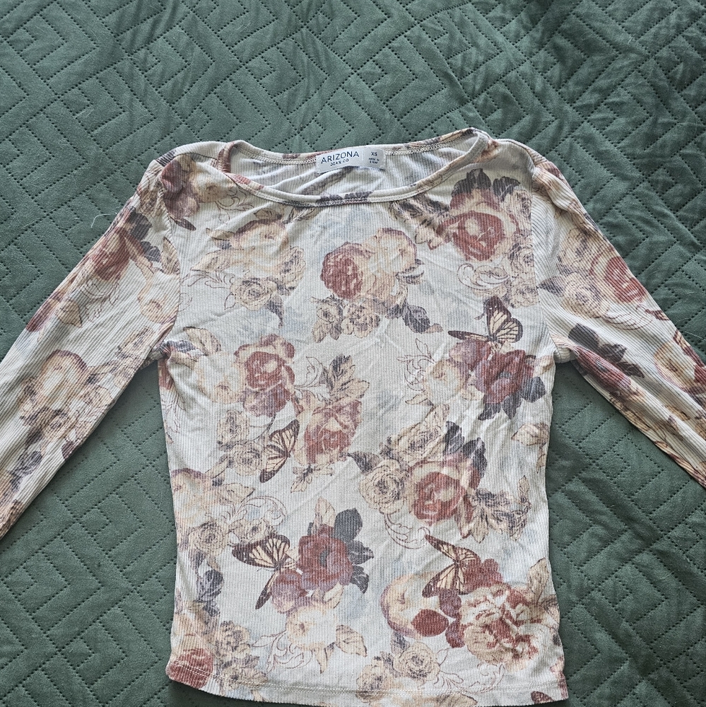 Floral Long Sleeve Top - Cream and Brown